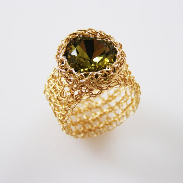 Green Crystal Ring, Swarovsky Ring Crystal, Lace Ring, Wide Band Ring, Cocktail Ring, Gold Statement Ring, Crochet Wire Ring