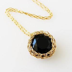 Black Necklace Swarovski , Gold pendant necklace, Wire Crochet Jewelry, Swarovski crystal necklace black image 1