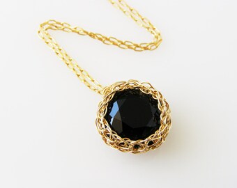 Black Necklace Swarovski , Gold pendant necklace, Wire Crochet Jewelry, Swarovski crystal necklace black