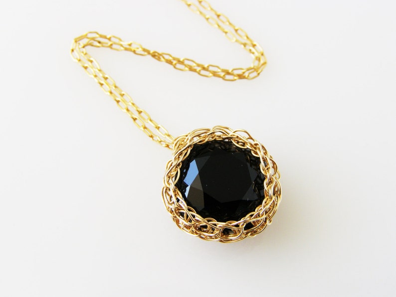 Black Necklace Swarovski , Gold pendant necklace, Wire Crochet Jewelry, Swarovski crystal necklace black image 1