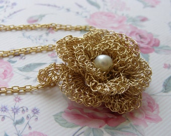 Crochet Flower Pendant, Crochet Goldfilled Wire, Bridal Freshwater Pearl Necklace, Wedding Necklace