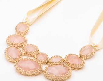 Pink Statement Necklace, Gold Wedding Necklace, Rose Quartz Necklace, Statement Wedding Necklace, Statement wedding Necklace Bubble
