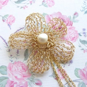 Crochet Flower Brooch, Fresh Water Pearl, Gold filled Wire Flower Brooch image 1