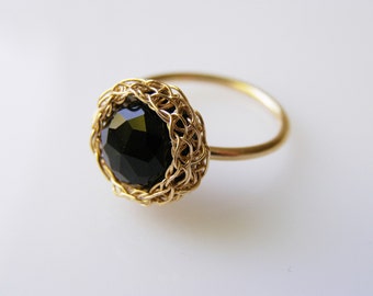 Crochet Ring -  Goldfilled Round Onyx Ring