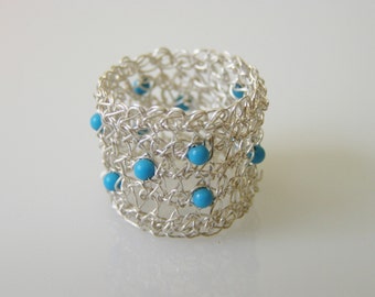 Crochet Ring - Fine Silver Ring with Turquoise Beads