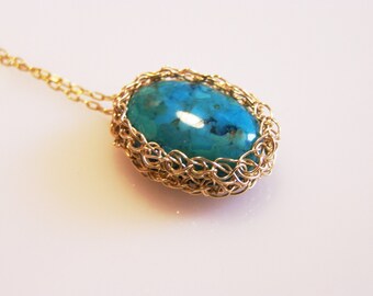 Turquoise Pendant, Crochet Goldfilled Turquoise Pendant