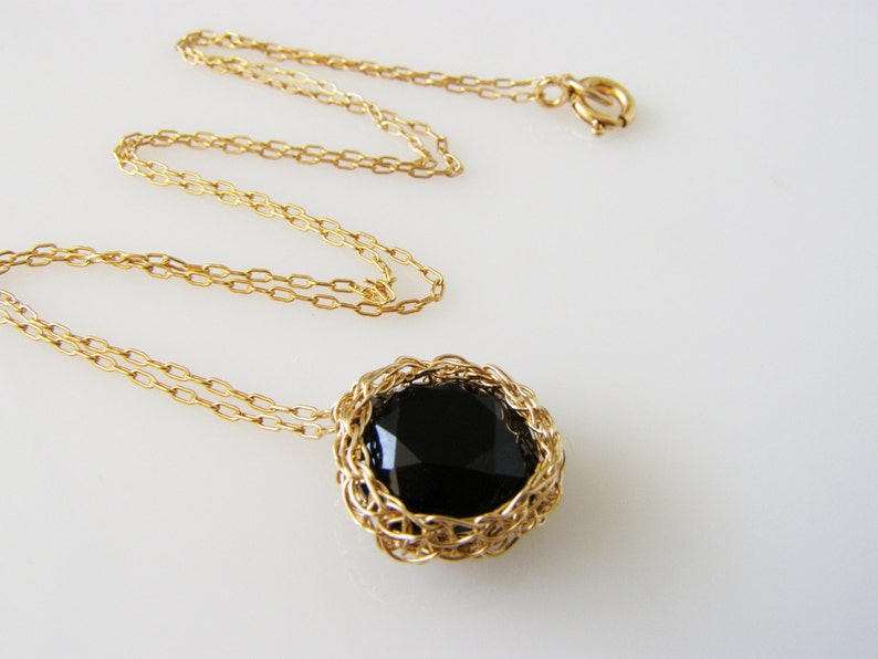 Black Necklace Swarovski , Gold pendant necklace, Wire Crochet Jewelry, Swarovski crystal necklace black image 4