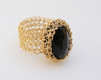 Crochet Ring, Onyx Ring, Crochet Gold Filled Wire, Wire Crochet Jewelry, Crochet Goldfilled