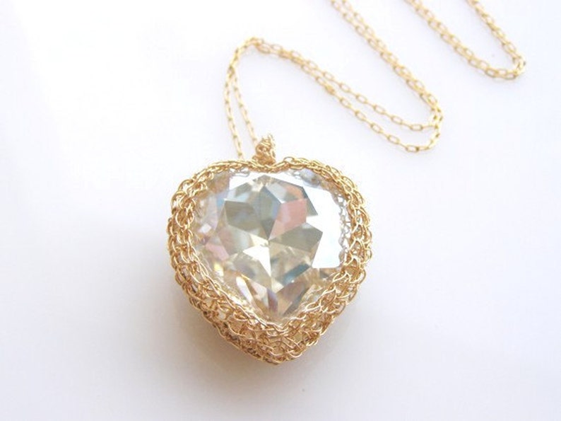Swarovski Crystal Heart Pendant, Crystal Heart Necklace, Swarovski Heart Necklace, Valentines Day Gift, Crochet Heart Necklace image 1