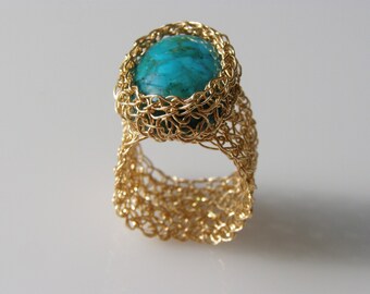 Crochet Ring, Turquoise Ring, Crochet Goldfilled, Oval Turquoise