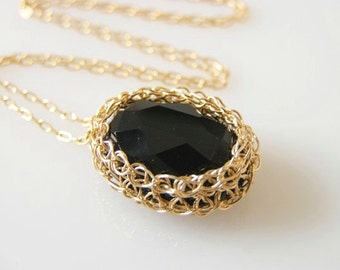 Black Onyx Necklace, Black Onyx Pendant, Black Gold Necklace, Black Gemstone Necklace, Wire Wrapped Gemstone Necklace