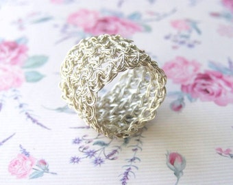 Fine Silver Ring, Wire Crochet Ring, Wide Band Ring, Statement ring, Wide Silver Ring, Silver Lace Ring