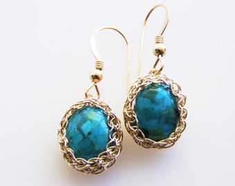 Turquoise  Bridesmaid Jewelry, Turquoise Dangle earrings, Turquoise Bridal Jewelry, Turquoise Gold Earrings, Wire Crochet Earrings
