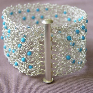 Crochet Knitting Fine Silver Bracelet with Turquoise