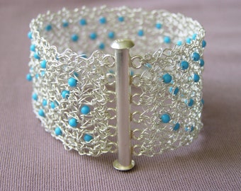 Crochet Knitting Fine Silver Bracelet with Turquoise