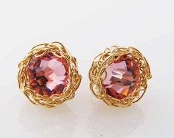 Swarovski Stud Earrings, Pink Stud Earrings, Pink Post Earrings, Gold Stud Earrings, Pink Bridesmaid Earrings, Tiny Stud Earrings