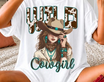 Western cowgirl png design with cow print letters and turquoise jewelry, country girl design