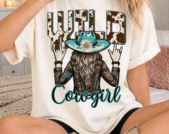 Wild cowgirl png design with western girl back view and turquoise hat, cow print country design
