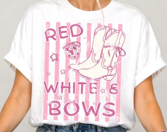 Western cowgirl png, usa 250 years, Red white and bows png, girly patriotic boots shirt