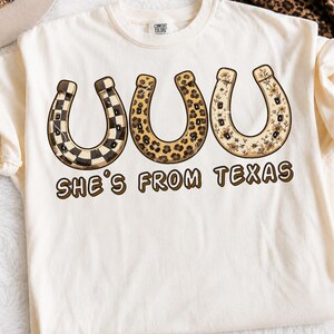 She’s from texas horseshoe png, western lucky horseshoe design with checkered leopard and floral pattern