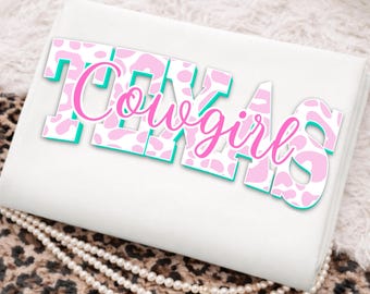 Western cowgirl png design with pink cow print pattern and turquoise script lettering