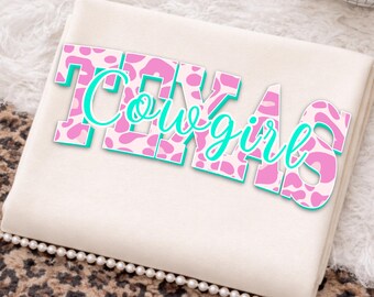 Girly western cowgirl png design with pink cow print pattern and turquoise script lettering