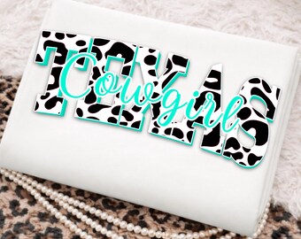 Cute texas cowgirl png design with black cow print pattern and turquoise accents, western design