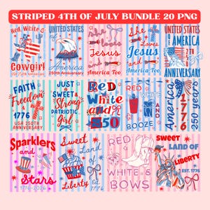 Striped 4th of July Bundle 20 PNG, USA 250 Patriotic Designs, Coquette American Girly Graphics, Red White Blue Sublimation Files