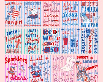Striped 4th of July Bundle 20 PNG, USA 250 Patriotic Designs, Coquette American Girly Graphics, Red White Blue Sublimation Files