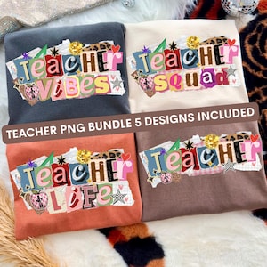 Puede incluir: Cuatro camisetas dobladas en varios colores: carbón, crema, coral y marrón. Cada camiseta presenta un diseño gráfico colorido con la palabra "Teacher" y otras palabras como "Vibes", "Squad" y "Life". También es visible el texto "Teacher PNG Bundle 5 Designs Included".