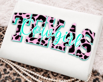 Texas cowgirl png design with pink cow print and turquoise details, girly western design