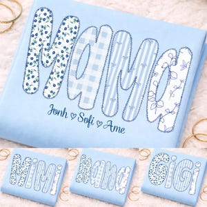 Mama blue Toile Patchwork Floral Png Bundle, Mimi Gigi Nana Chinoiserie Png, Mother's Day Cottagecore Varsity, blue white Quilt