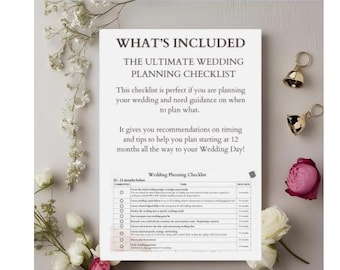May include: A printable wedding planning checklist with a pink and white watercolor background. The checklist includes tasks to be completed 12 months before the wedding, with a section for each month leading up to the wedding day.