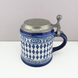 Vintage German Beer Stein Marzi Remy with Diamond Pattern - Mug with Pewter Lid 1970s 1980s Retro Barware - Collectible Item -