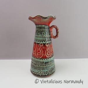 Vintage Pottery Vase by BAY Keramik Germany - German 1960s Fat Lava Ceramic Vase with Green Red Decor - Collectible Item -