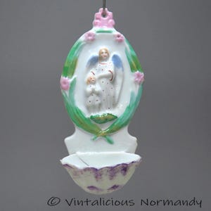 Antique Porcelain Holy Water Font by LETU MAUGER FILS  with Polychrome Decoration - ca 1880s - Collectible Item -