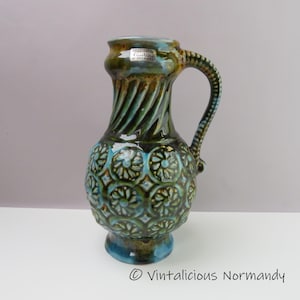 Vintage Pottery Vase by Carstens Tönnieshof Germany - Signed 1960s Blue Green Fat Lava Ceramic Vase with Label - Collectible Item -