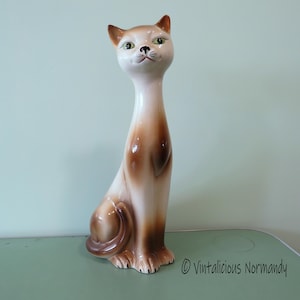 Figurka kota z długą szyją w stylu vintage - MCM Mid Century Retro Ceramic Pottery Statue Figure Sculpture - Przedmiot kolekcjonerski -