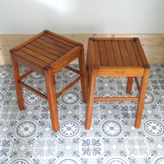 Vintage Beech Wood Stool: Mid Century Retro Side Table -