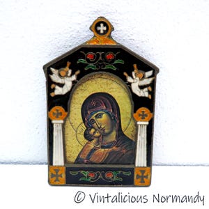 Vintage Enamel Theotokos Madonna Child Icon - Religious Byzantine Wall Plaque Hanging - Collectible Item -