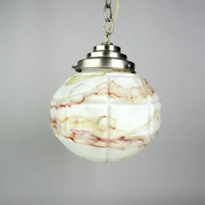 Vintage French White Marbled Glass Pendant Light - 1930s Art Deco Globe Lampshade - Collectible Item -