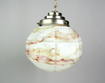 Lámpara colgante vintage de cristal blanco jaspeado: pantalla esférica Art Déco francesa de los años 30 - Artículo de colección -