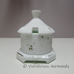 Antieke Franse witte opaline glazen honingpot voor MELI Frankrijk - pot honingpot ca. 1920s 1930s - verzamelitem