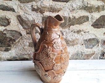 Vintage French Stoneware Jug: Raised Grape Vine, Salt Glazed Pottery Pitcher, Gres Cruche -