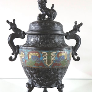Large Antique Bronze Champleve Incense Burner from Japan - Japanese Cloisonne Foo Dog Dragon Enamel Censer - Collectible Item -