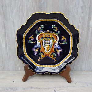 Vintage Pottery Plate by GIEN France - Signed Ceramic Plate with Blue Renaissance Decor - Collectible Item -