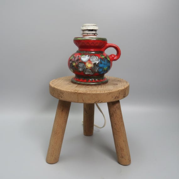 Bay Keramik - Vintage Ceramic Table Light: Red Floral Side Lamp -