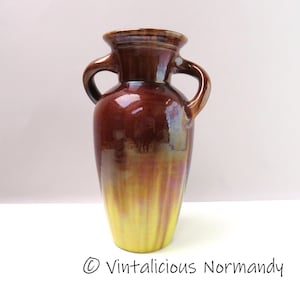 Antique Drip Glaze Pottery Vase Rustic - Belgian 1920s Brown and Yellow Glazed Ceramic Vase - Collectible Item -