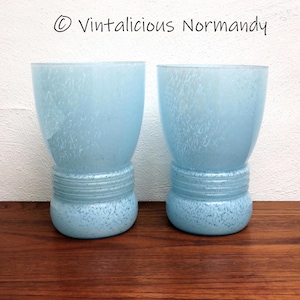 Antique Blue Clichy Glass VASE - 2 available - Handmade 1930s French Spatter Dotted Marbled Glass - Collectible Item -