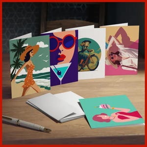 Biglietti / Confezione assortita di biglietti d'auguri / Set di cancelleria ispirato alle donne / Spiaggia, ciclismo, viaggio, compleanno / Confezione da 5 / Alta qualità / Carta non patinata